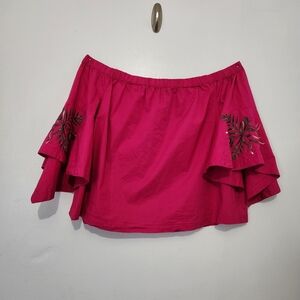 Lane Bryant 22/24 Fuchsia Pink Off The Shoulder Blouse Embroidered Sleeve Plus